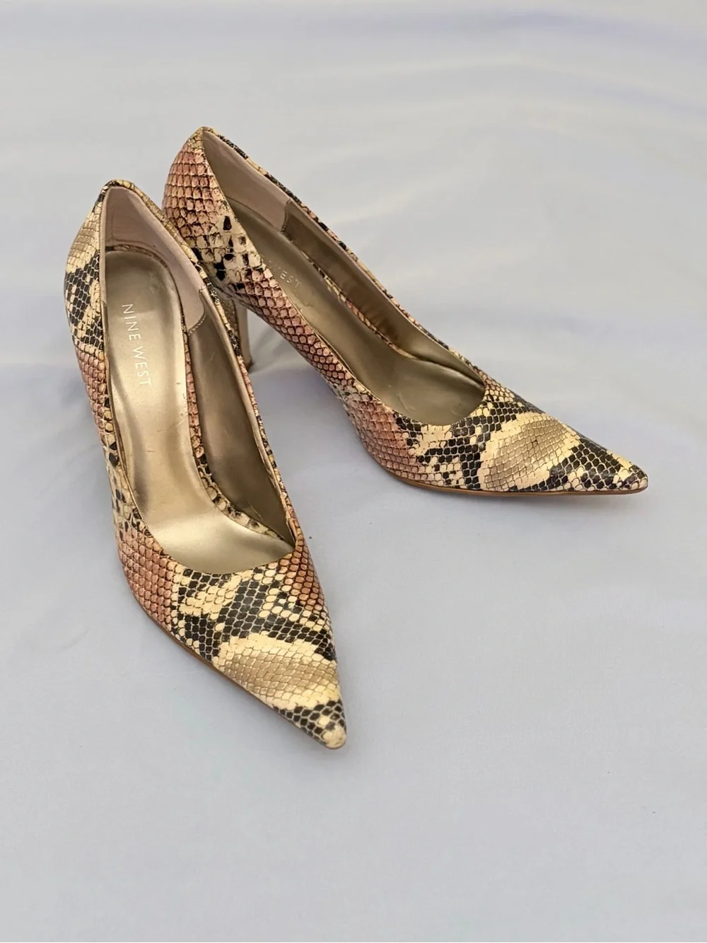 Nine West Snake-Print Pointed Toe Pumps in Beige and Black
